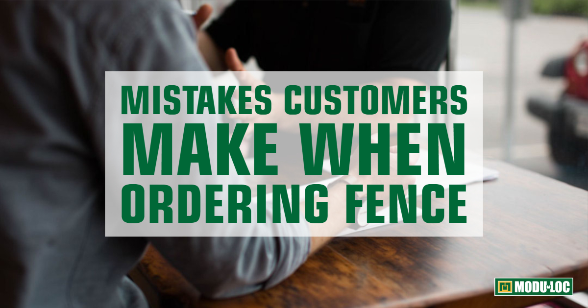 A person sits at a table reviewing paperwork, and text overlay reads "Mistakes customers make when ordering fence"