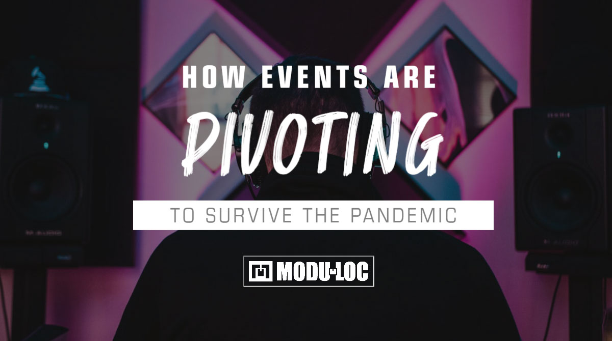 A man wearing headphones in a sound booth is seen from behind, with text overlay that reads "How events are pivoting to survive the pandemic".