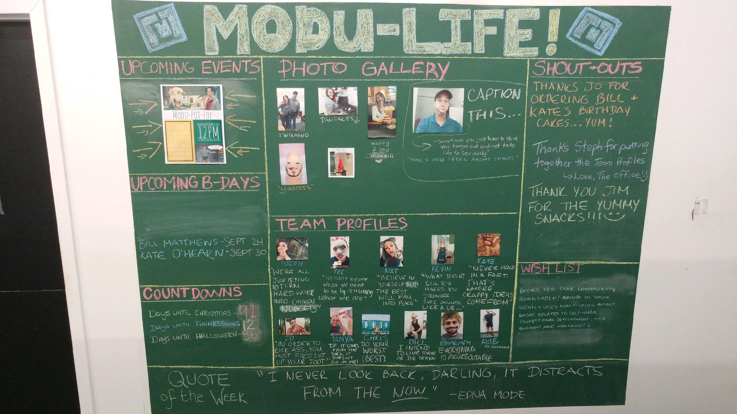 Modu-Loc employees like to share notes of appreciation on their depot chalkboards